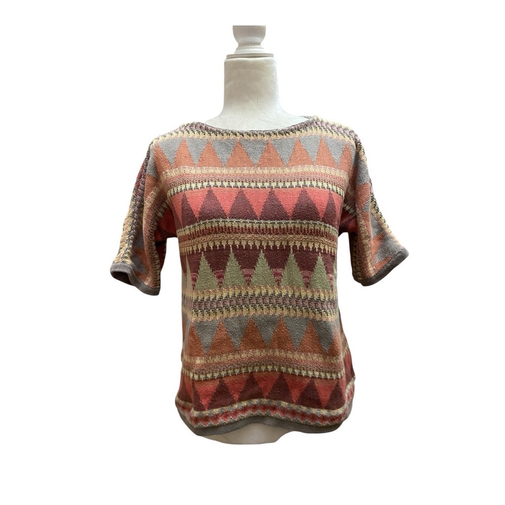 Chaps Denim Womens Vintage Aztec Print Short Sleeve Sweater 90s Boho